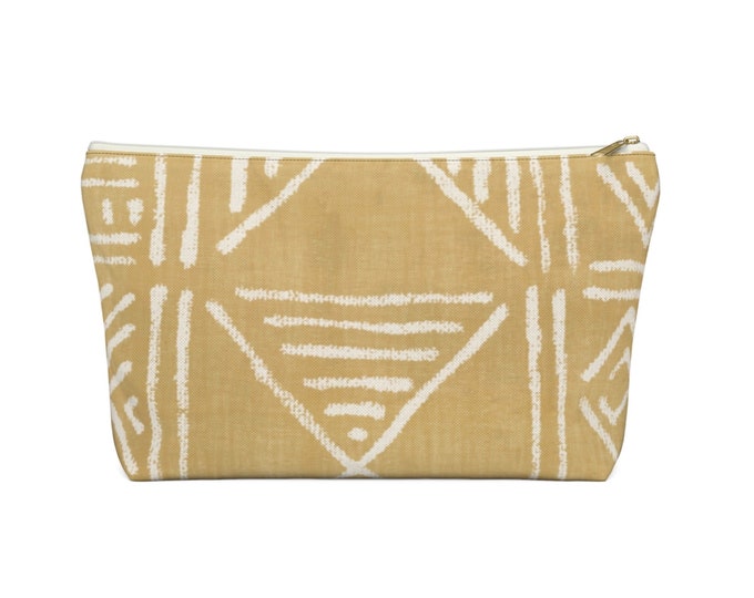 Mud Cloth Geo Print Zippered Pouch, Mustard & White Tribal Design, Cosmetics/Pencil/Make-Up Organizer/Bag, Boho/African/Geometric Yellow