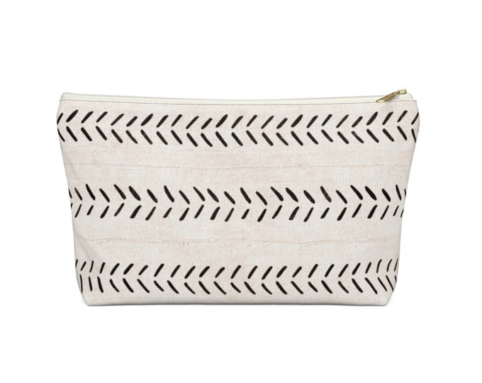 Printed Mud Cloth Arrows Zippered Pouch, Off-White/Black Tribal Design, Cosmetics/Pencil/Make-Up Organizer/Bag, Boho/African Geometric Print