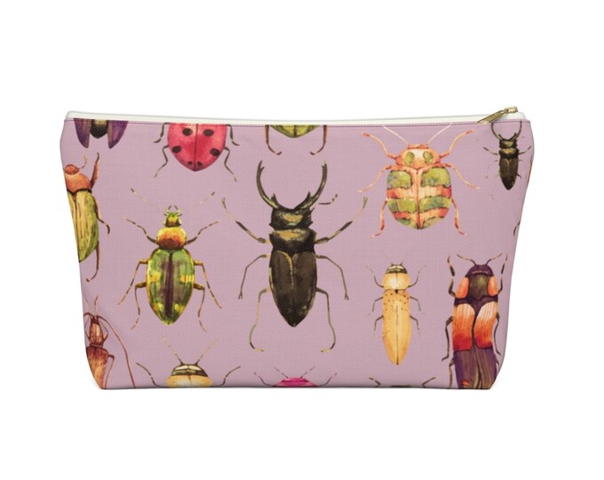 Beetles Print Zippered Pouch, Pink/Purple Watercolor Bugs Design, Cosmetics/Pencil/Make-Up Organizer/Bag, Colorful Insects/Bug/Insect/Beetle