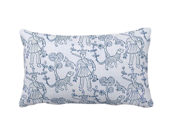 Block Print Folk Throw Pillow or Cover, Washed Indigo 12 x 20" Lumbar Pillows or Covers, Blue Floral/Batik/Boho/Animal/Blockprint Pattern