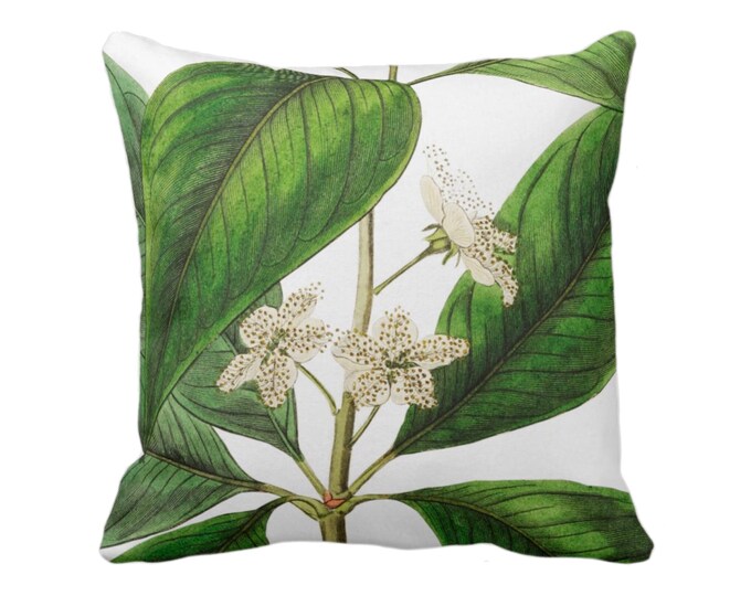 OUTDOOR Vintage Botanical White Flowers Throw Pillow or Cover, 16, 18, 20, 26" Sq Pillows/Covers, Tropical Green Leaves/Floral Print