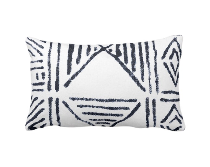 OUTDOOR Mud Cloth Printed Throw Pillow or Cover, White/Navy Blue 14 x 20" Lumbar Pillows/Covers, Mudcloth/Boho/Tribal/Geometric/Geo Pattern