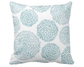 OUTDOOR Watercolor Chrysanthemum Throw Pillow/Cover, Aqua/White 14, 16, 18, 20, 26" Sq Pillows/Covers, Blue/Green Modern/Floral/Flower Print