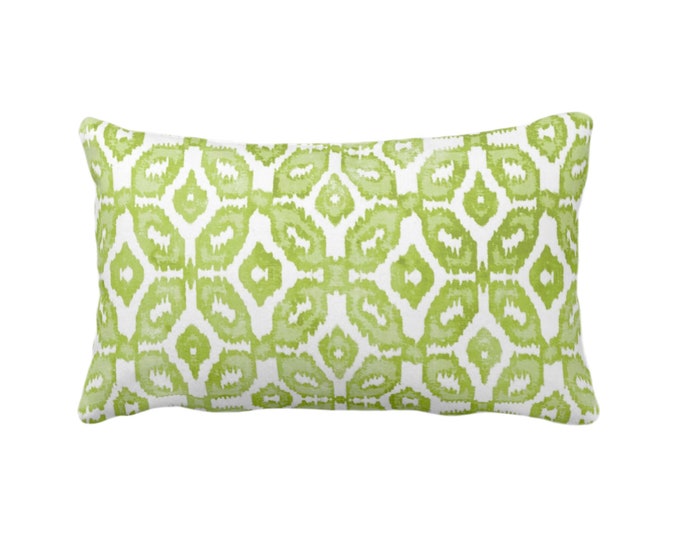 OUTDOOR Wasabi Ikat Print Throw Pillow or Cover 14 x 20" Lumbar Pillows/Covers, Green & White Geometric/Diamonds/Dots/Diamond/Trellis/Geo