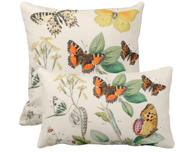 Vintage Butterflies Throw Pillow or Cover Lumbar/Square Pillows/Covers Colorful Floral Orange/Green Butterfly Illustration Print/Pattern