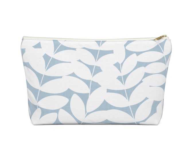 Stems Modern Botanical Print Zippered Pouch, Coastal Blue/White Cosmetics/Pencil/Make-Up Organizer/Bag, Nature/Floral/Minimal/Leaves Pattern