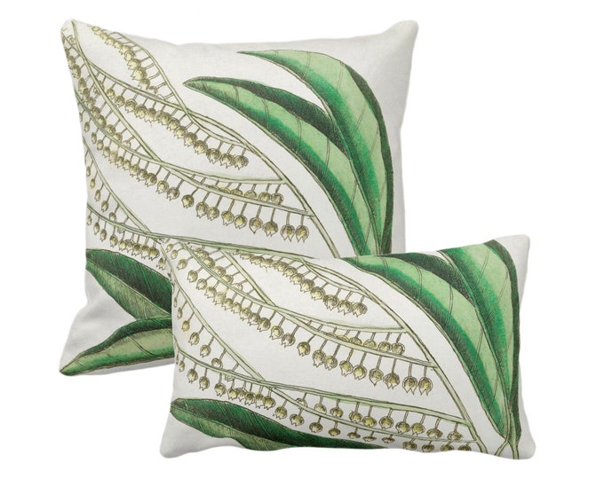 Vintage Botanical Lily of the Valley Throw Pillow/Cover 12x20, 16, 18, 20, 22, 26" Sq/Lumbar Pillows/Covers Nature/Leaves Green/White Print