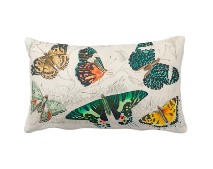 Vintage Butterflies Throw Pillow or Cover 12 x 20" Sq Pillows/Covers, Colorful Teal/Orange/Yellow Butterfly Floral Botanical Print/Pattern