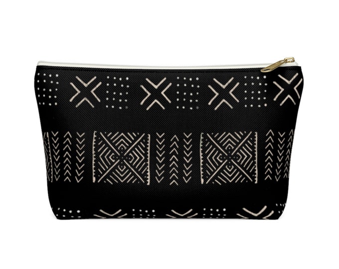 Printed Mud Cloth Diamonds Zippered Pouch, Black/Off-White Tribal Design Cosmetics/Pencil/Make-Up Organizer/Bag Boho/African Geometric Print