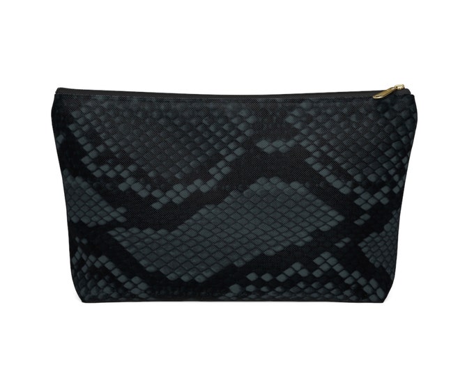 Teal Snakeskin Print Zippered Pouch, Animal Printed Design, Cosmetics/Pencil/Make-Up Organizer/Bag, Dark Green/Black Snake/Reptile Pattern