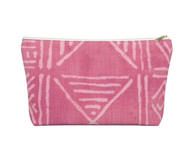 Printed Mud Cloth Zippered Pouch, Bright Pink Tribal Design, Cosmetics/Pencil/Make-Up Organizer/Bag Boho/African Geometric Print/Design