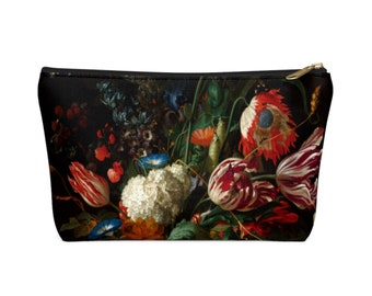 Dutch Floral Zippered Pouch, Black Flower Print, Cosmetics/Pencil/Make-Up Organizer/Bag, Still Life/Rose/Roses/Tulips Flowers Pattern/Design