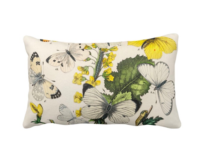 Vintage Butterflies Throw Pillow or Cover 12 x 20" Sq Pillows/Covers, Colorful Yellow/White/Green Butterfly Floral Botanical Print/Pattern