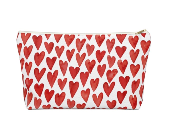 Watercolor Hearts Zippered Pouch, Red & White Print, Cosmetics/Pencil/Make-Up Organizer/Bag, Hand-Drawn/Painted Heart Pattern/Design