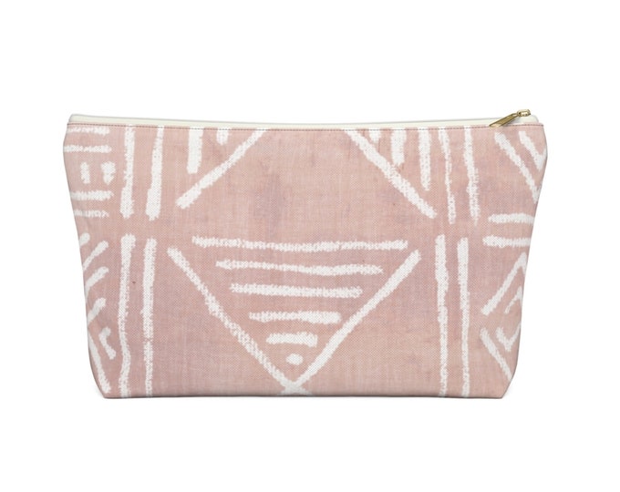 Printed Mud Cloth Zippered Pouch, Faded Pink & White Tribal Design, Cosmetics/Pencil/Make-Up Organizer/Bag, Boho/African Geometric Print