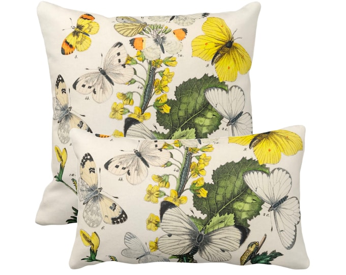 OUTDOOR Vintage Butterflies Throw Pillow/Cover 14x20, 16, 18, 20, 26" Sq Pillows/Covers, Colorful Yellow/White/Green Butterfly Floral Print