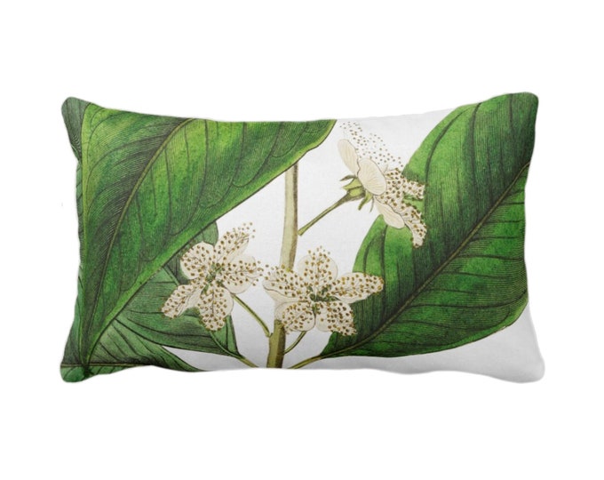Vintage Botanical White Flowers Throw Pillow or Cover, 12 x 20" Lumbar Pillows/Covers, Tropical Green Leaves/Floral/Flower Print/Pattern