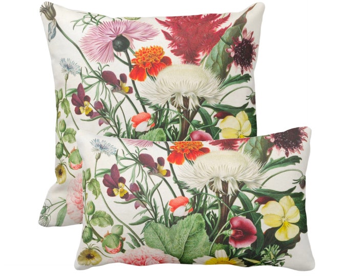 Vintage Botanical Throw Pillow or Cover 12x20, 16, 18, 20, 22, 26" Sq/Lumbar Pillows/Covers, Colorful Floral Pink/Orange/Red/Green Print