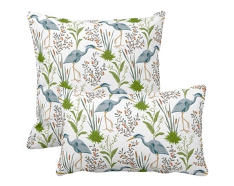 OUTDOOR Blue Heron Square or Lumbar Pillows or Covers, Toile/Nature/Botanical Teal/Green Bird/Birds Print/Pattern Throw Pillow/Cover