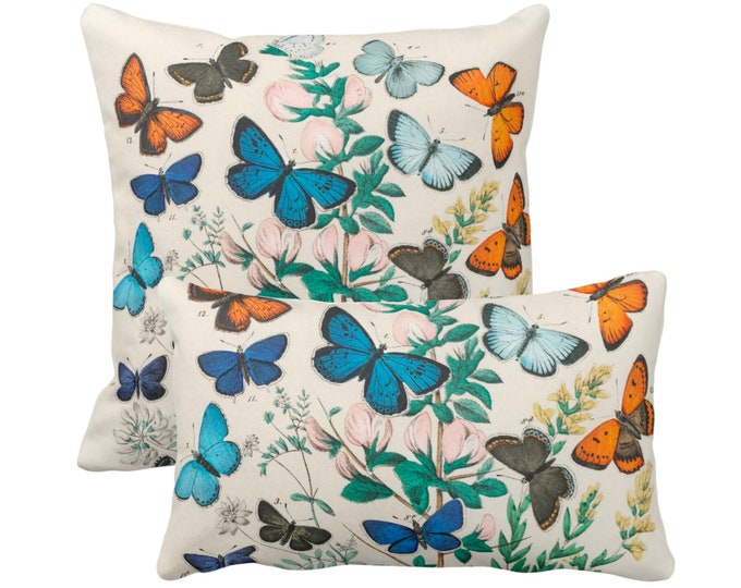 OUTDOOR Vintage Butterflies Throw Pillow/Cover 14x20, 16, 18, 20, 26" Sq/Lumbar Pillows, Colorful Turquoise Butterfly/Botanical/Floral Print