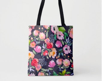 Watercolor Floral Market Tote, Navy Vintage Flower Print Shoulder Bag, Pink, Blue, Peach, Coral, Peony Flowers Painted