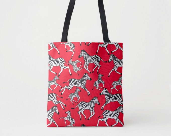 Zebra Print Market Tote, Red, Black & White Animal Print Bag, Safari Pattern, True/Lipstick Red Zebras/Stripe Pattern/Design, Wallpaper