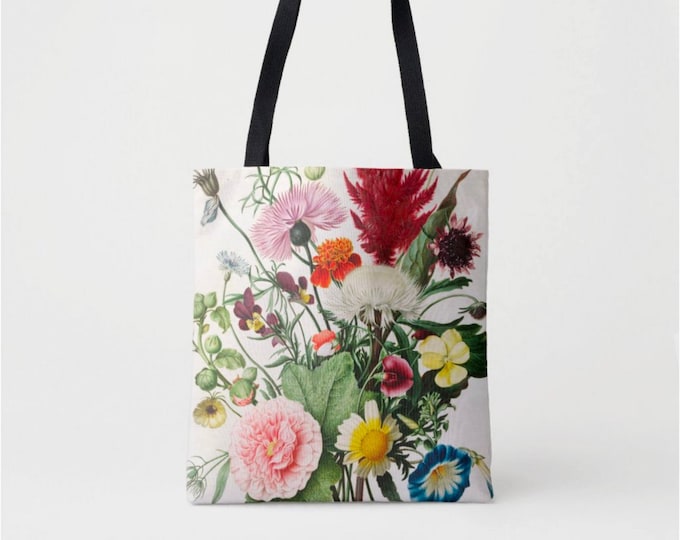 Vintage Botanical Print Market Tote, Multi Colored Shoulder Bag, Floral/Flowers Nature Illustration Red/Pink/Green/Yellow Boho Design