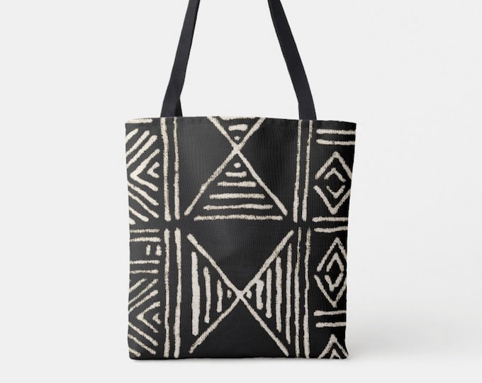 Printed Mud Cloth Abstract Geometric Market Tote, Black and Off-White African Boho Print Bag, Mudcloth Tribal Print/Design