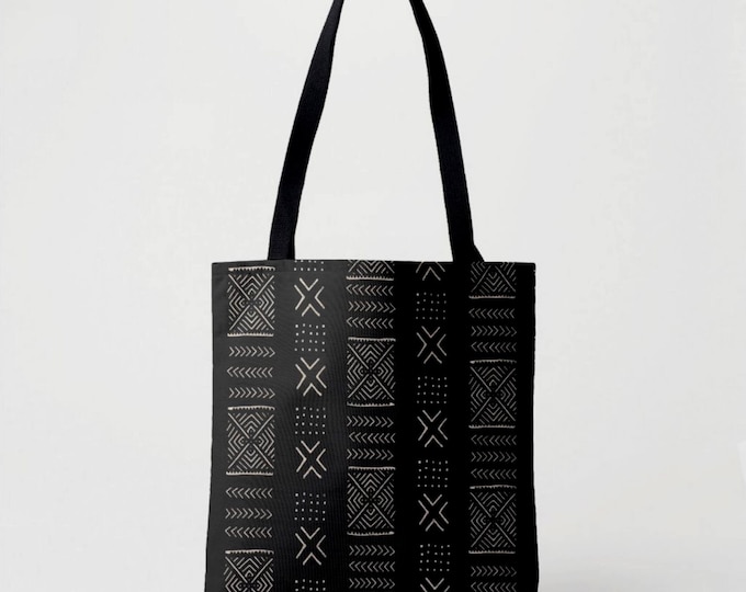 Printed Mud Cloth Diamonds Market Tote, Black & Beige African Boho Print Shoulder Bag, Mudcloth Tribal Geometric/Geo Pattern/Design/Print