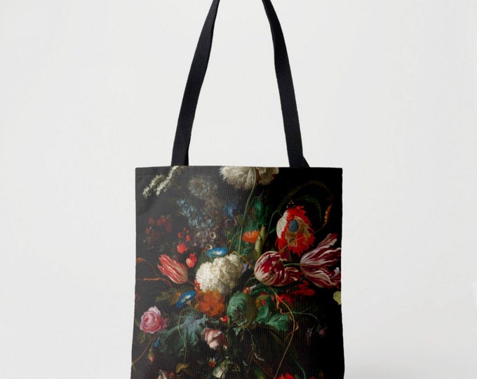 Dutch Floral Market Tote, Black, Multi Colored Shoulder Bag, Floral/Flowers Vintage Still Life/Rose/Roses/Tulips Flower Design