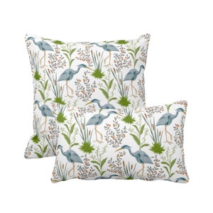 OUTDOOR Blue Heron Square or Lumbar Pillows or Covers, Toile/Nature/Botanical Teal/Green Bird/Birds Print/Pattern Throw Pillow/Cover