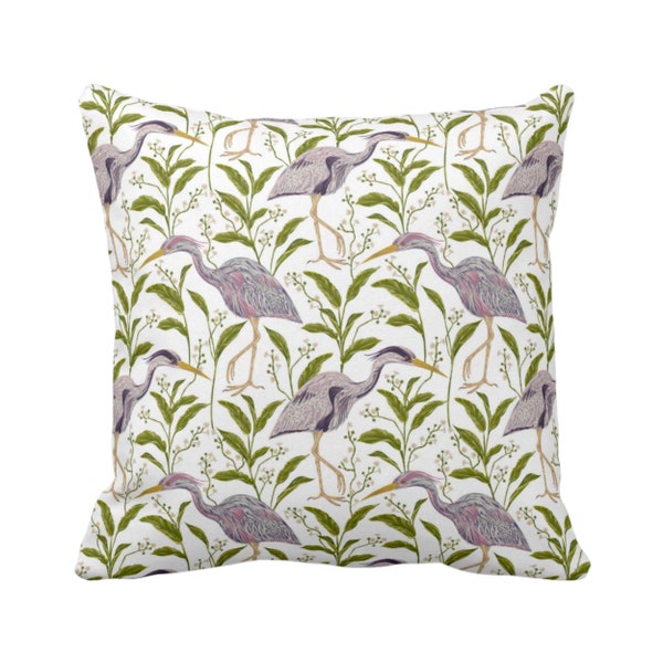 Purple Heron Throw Pillow or Cover, 16, 18, 20, 22, 26" Sq Pillows or Covers, Lilac & Green Bird/Birds Naturalist Print/Pattern Toile/Nature