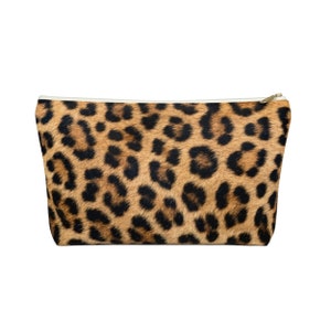 Leopard Print Zippered Pouch, Animal Printed Design, Cosmetics/Pencil/Make-Up Organizer/Bag, FAUX Camel/Black/Caramel Spots/Spot Pattern