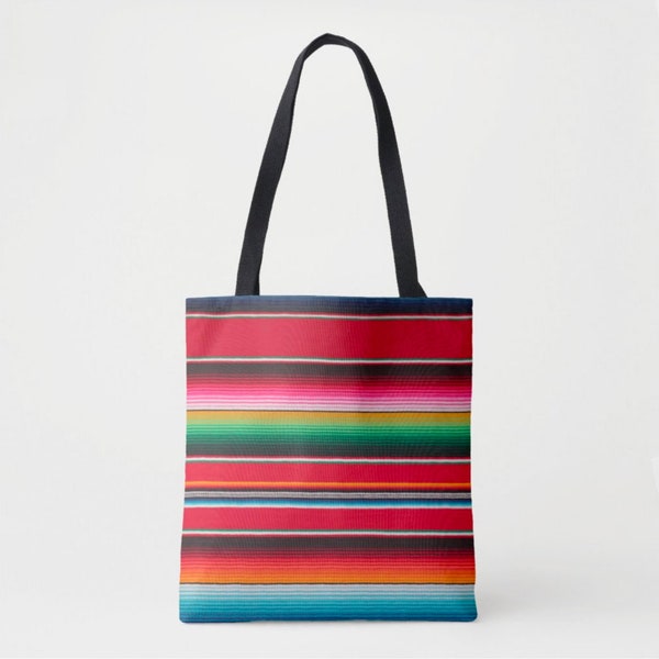 Printed Serape Stripe Market Tote, Boho Colorful, Bright Mexican Blanket Print Shoulder Bag, Striped Red/Pink/Green/Orange Print