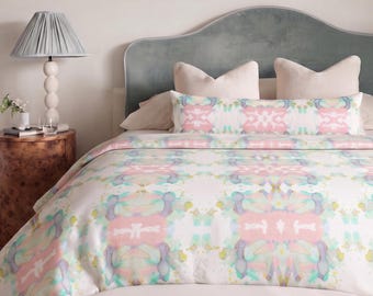 Watercolor Abstract Microfiber Duvet Cover, Pink & Seaglass, Preppy