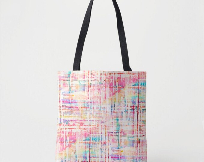 Watercolor Tweed Market Tote, Colorful Print Shoulder Bag, Multi Colored Pink, Aqua Blue/Purple/Orange Stripes/Lines/Geo/Geometric Painted