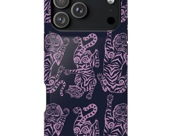 Temple Tigers Protective iPhone Case: Navy Blue & Orchid Animal Print