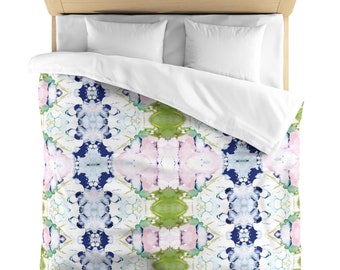 Mirrored Watercolor Lightweight Microfiber Duvet Cover, Pink/Navy/Green Abstract Modern/Colorful/Bright Preppy Room Decor