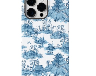 Blue Toile iPhone Case: Chinoiserie Pagoda Design, Protective Cover