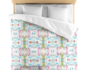 Mirrored Watercolor Lightweight Microfiber Duvet Cover, Pink/Blue/Green Abstract Modern/Colorful/Bright Preppy Room Decor