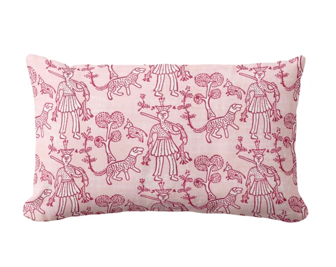 OUTDOOR Block Print Folk Throw Pillow or Cover, Berry 14 x 20" Lumbar Pillows/Covers, Pink Floral/Animal/Batik/Boho/Tribal Pattern