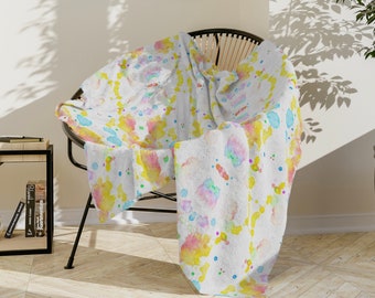 Mirrored Watercolor Silky/Minky Throw Blanket, 3 Sizes; 30x40, 50x60, 60x80 Yellow/Turquoise/Pink Abstract Modern/Colorful Velveteen Soft