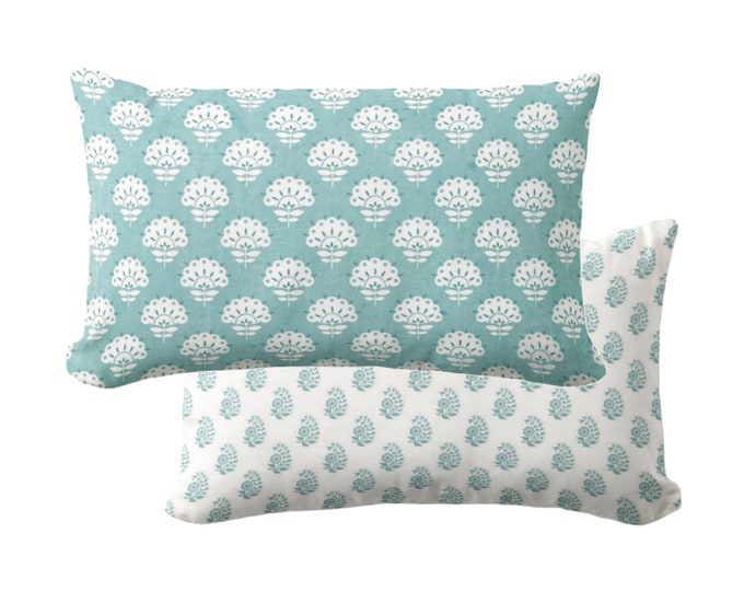 OUTDOOR Petite Floral Throw Pillow/Cover, Pale Teal 14 x 20" Lumbar Pillows/Covers, Blue/Green Aqua Block Print/Blockprint/Farmhouse/Vintage