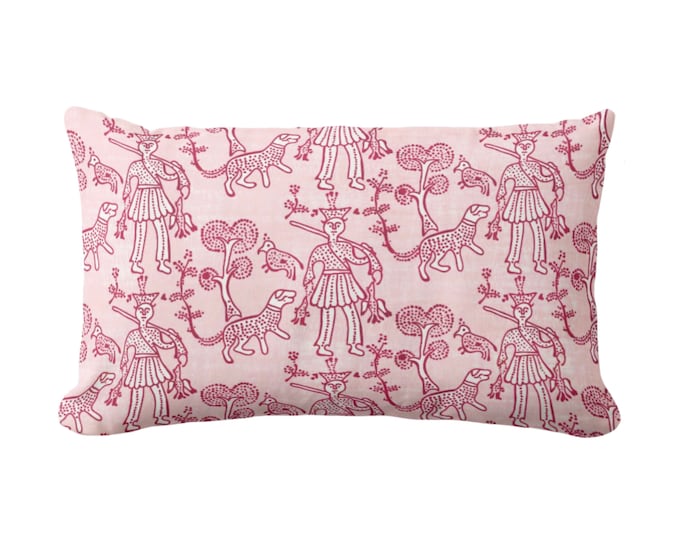 Block Print Folk Throw Pillow or Cover, Berry 12 x 20" Lumbar Pillows or Covers, Pink Floral/Batik/Boho/Animal/Blockprint Pattern