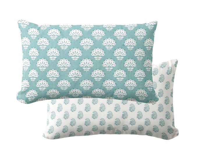 Petite Floral Lumbar Throw Pillow Cover, Pale Teal 12 x 20" Pillows/Covers, Blue/Green Aqua Block Print/Blockprint/Vintage/Farmhouse Design