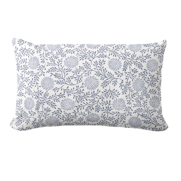 OUTDOOR Block Print Chrysanthemum Throw Pillow or Cover, Blue/White  14 x 20" Lumbar Pillows or Covers, Floral/Batik/Flower/Boho Pattern