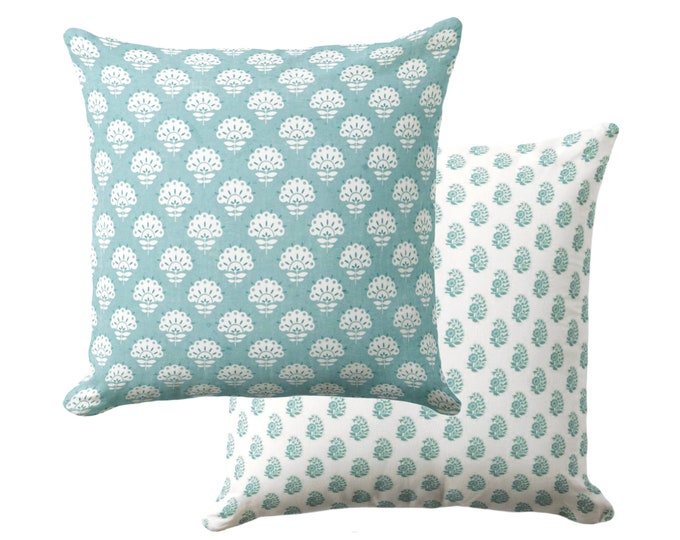 OUTDOOR Petite Floral Throw Pillow Cover, Pale Teal 16, 18, 20, 26" Sq Pillows/Covers, Blue/Green Block Print/Blockprint/Farmhouse/Vintage