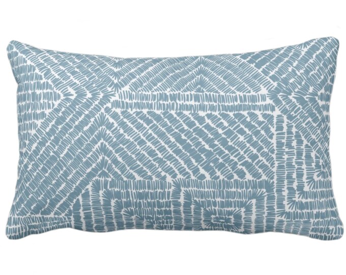 Tribal Geo Throw Pillow or Cover, Heron Blue 12 x 20" Lumbar Pillows or Covers, Dusty Green Geometric/Batik/Boho/Lines/Diamond Pattern/Print
