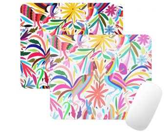 Otomi Print Mouse Pad, Rectangle or Round Colorful Multicolored Animals & Flowers Mousepad, Kids/Fun/Boho/Tribal