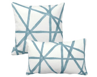 OUTDOOR Hand-Painted Lines Print Square and Lumbar Throw Pillow or Cover, Sea/White, Dusty Aqua/Blue Channels/Stripes Pillows/Covers